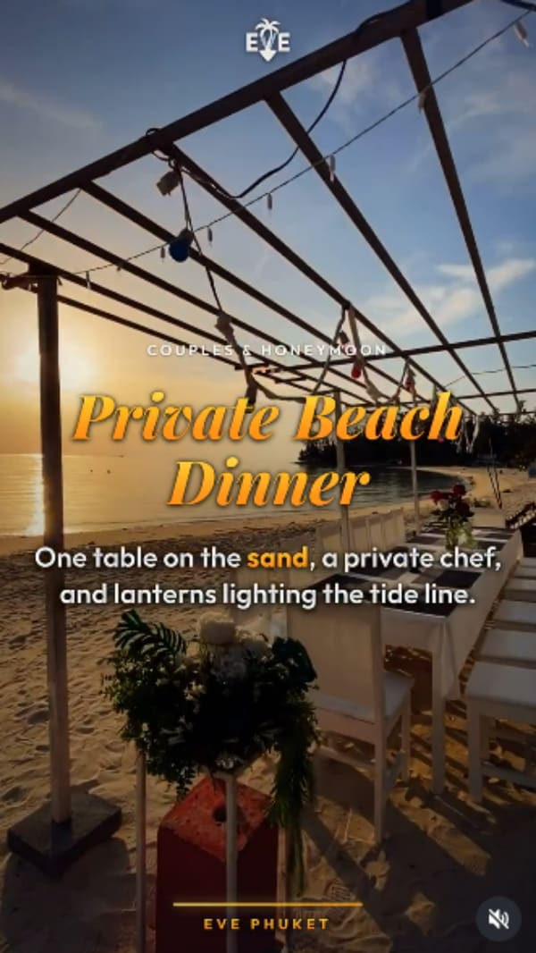 EVE Phuket reel cover: private beach dinner at sunset
